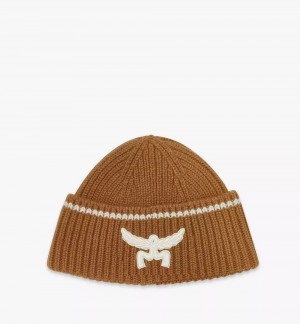 Klobuky MCM Worldwide Logo Beanie in Vlna and Recycled Cashmere Damske Hnede | 681537-NZH