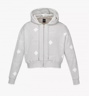 Mikina s Kapucnou MCM Worldwide PHENOMENON+MCM Monogram Print Cropped Zip Damske Siva | 317409-YUJ