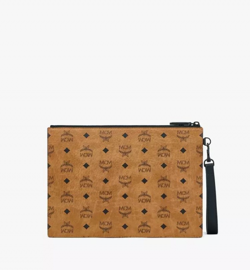 Clutch MCM Worldwide Aren Wristlet Zip Pouch in Visetos Hnede | 601793-IEL
