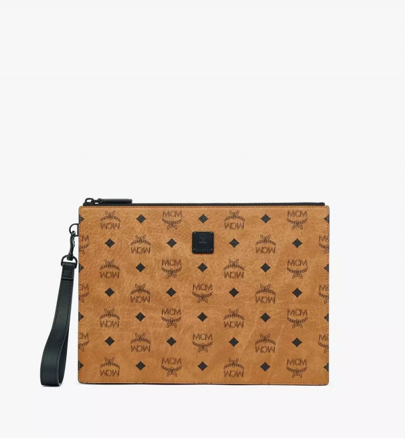 Clutch MCM Worldwide Aren Wristlet Zip Pouch in Visetos Hnede | 601793-IEL