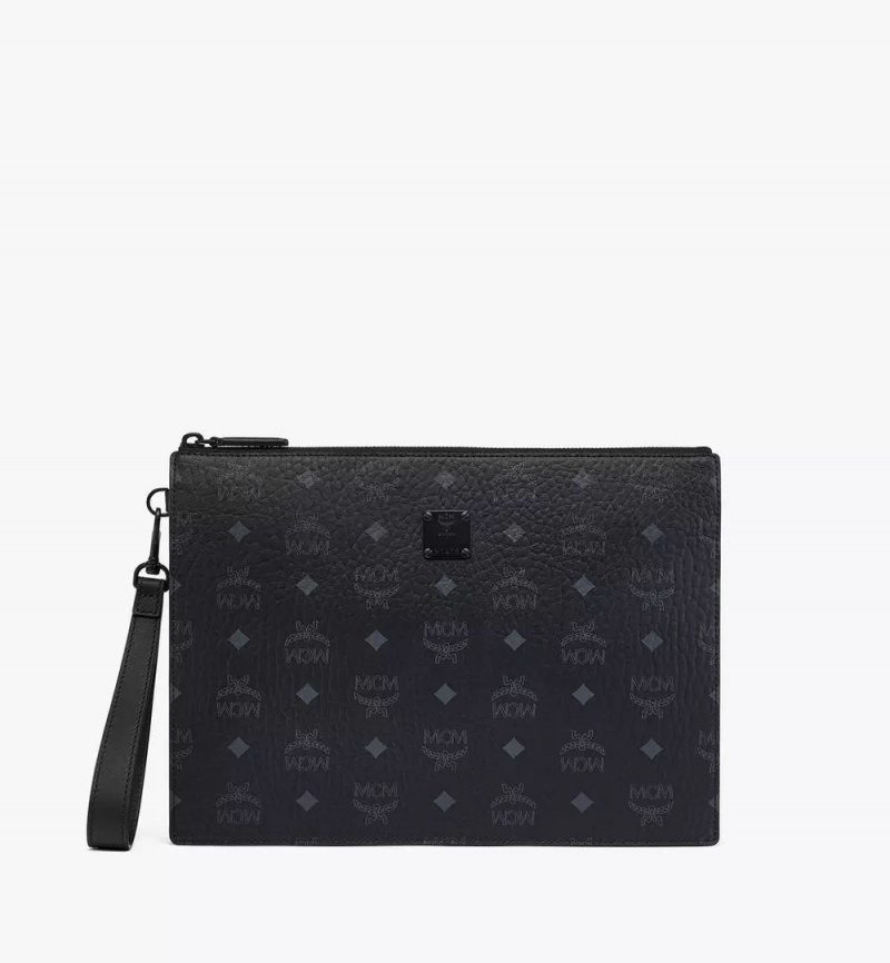 Clutch MCM Worldwide Aren Wristlet Zip Pouch in Visetos Čierne | 368715-TPX