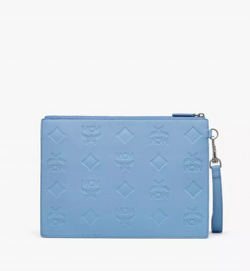 Clutch MCM Worldwide Aren Wristlet Zip Pouch in Maxi Monogram Kozene Modre | 960417-QMV
