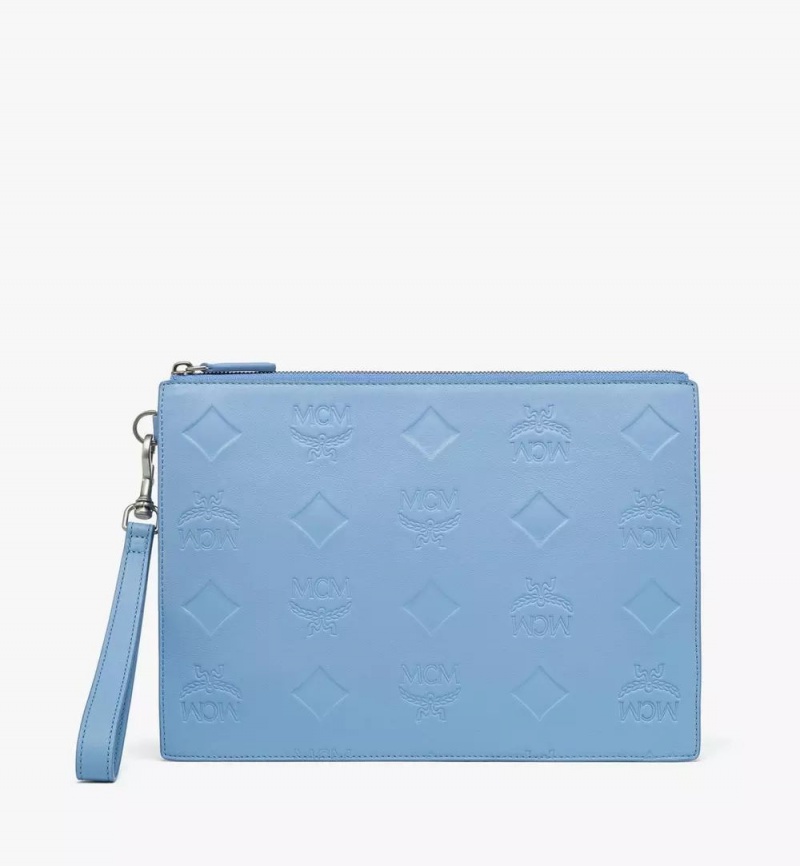 Clutch MCM Worldwide Aren Wristlet Zip Pouch in Maxi Monogram Kozene Modre | 960417-QMV