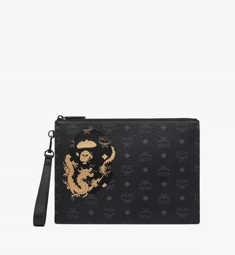 Clutch MCM Worldwide MCM x BAPE Wristlet Zip Pouch in Visetos Čierne | 281065-FMI