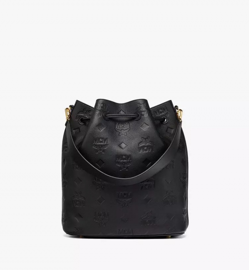 Crossbody Kabelka MCM Worldwide Dessau Drawstring In Embossed Monogram Kozene Čierne | 971234-GJB