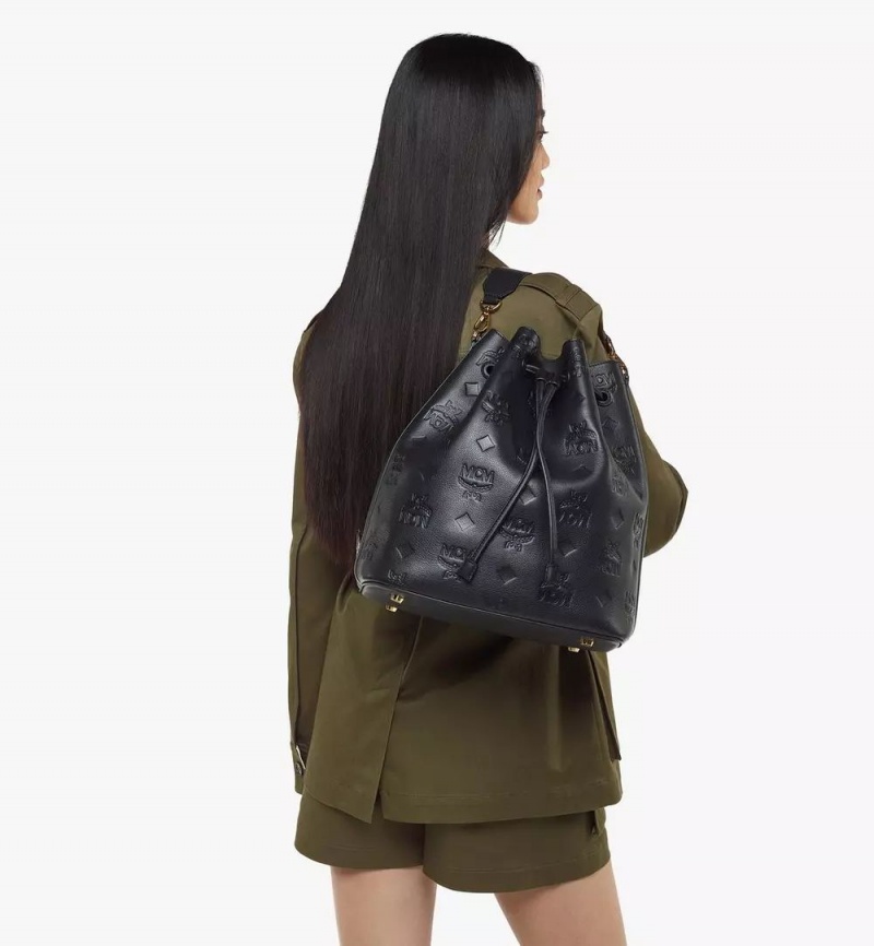 Crossbody Kabelka MCM Worldwide Dessau Drawstring In Embossed Monogram Kozene Čierne | 971234-GJB