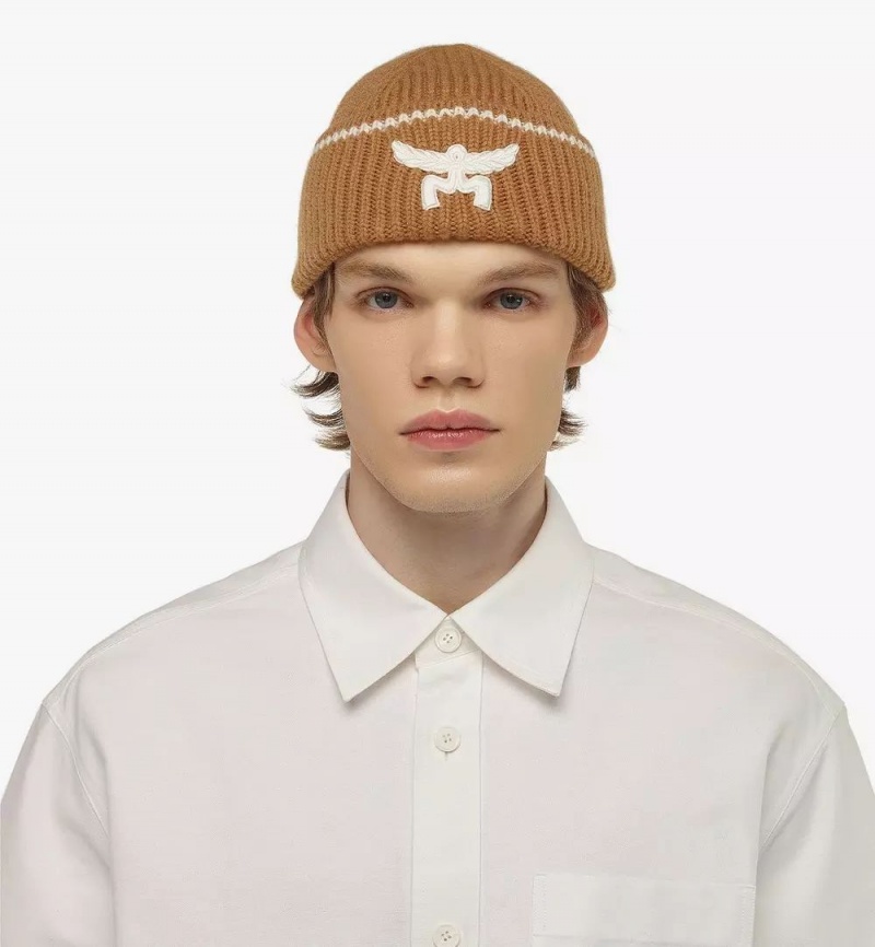 Klobuky MCM Worldwide Logo Beanie in Vlna and Recycled Cashmere Damske Hnede | 681537-NZH