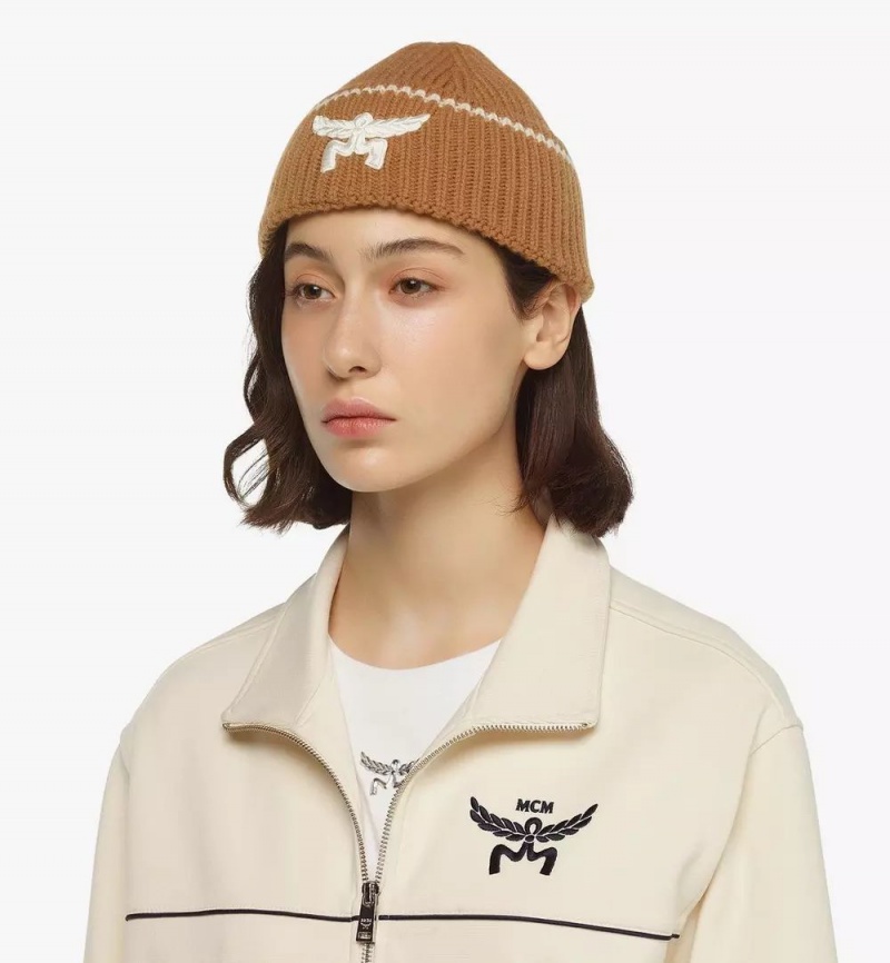 Klobuky MCM Worldwide Logo Beanie in Vlna and Recycled Cashmere Damske Hnede | 681537-NZH