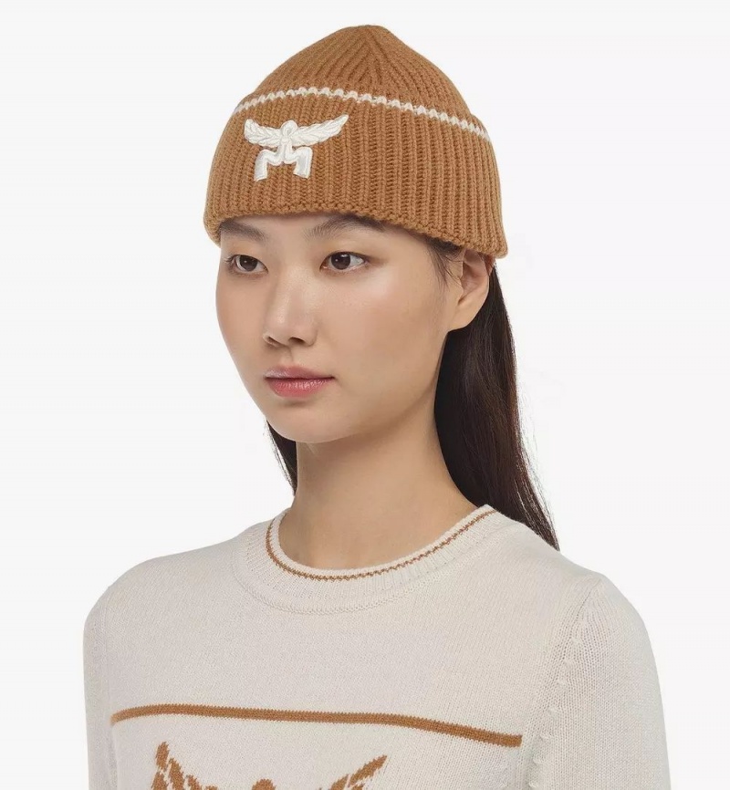 Klobuky MCM Worldwide Logo Beanie in Vlna and Recycled Cashmere Damske Hnede | 681537-NZH