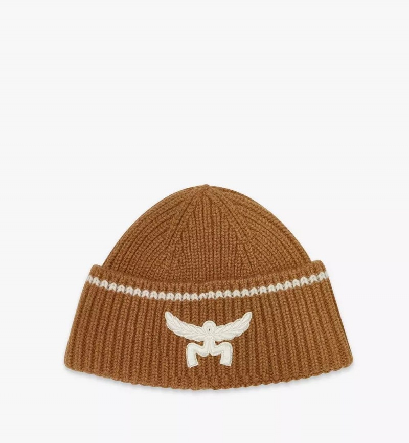 Klobuky MCM Worldwide Logo Beanie in Vlna and Recycled Cashmere Damske Hnede | 681537-NZH