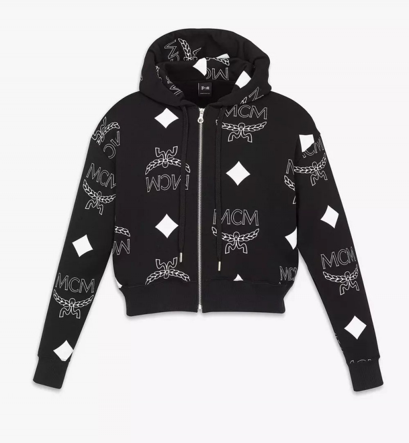 Mikina s Kapucnou MCM Worldwide PHENOMENON+MCM Monogram Print Cropped Zip Damske Čierne | 097312-BTO
