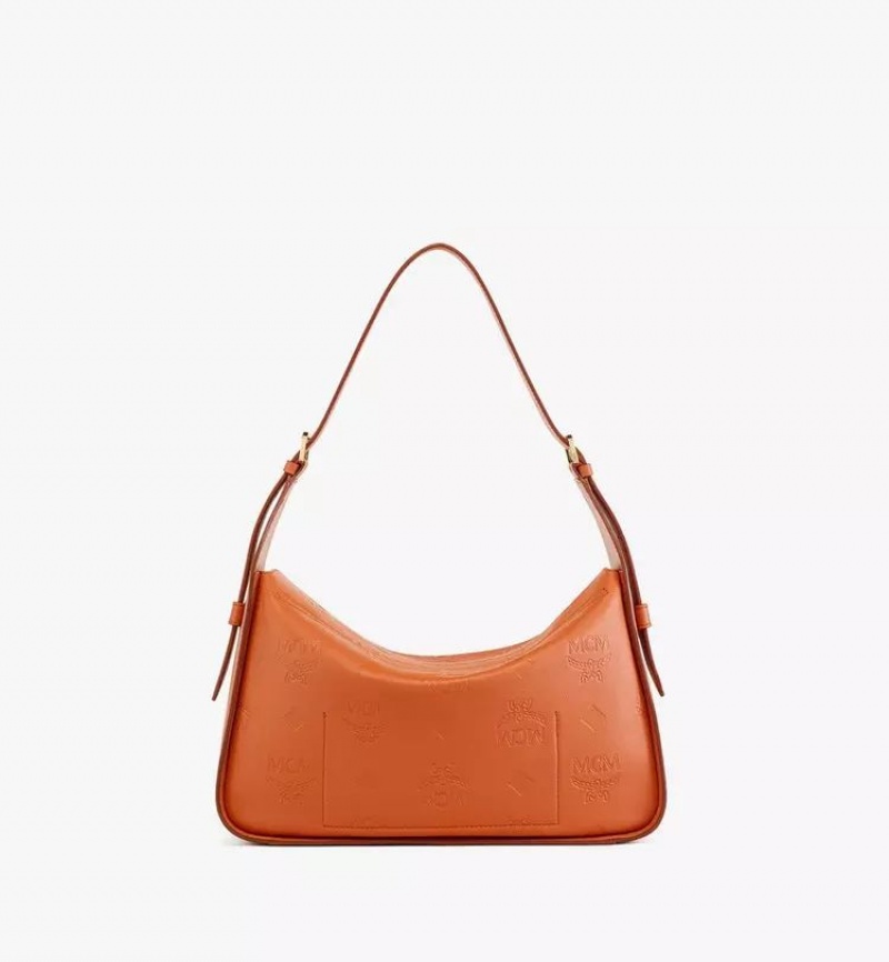 Taška Cez Rameno MCM Worldwide Aren Flap Hobo in Embossed Monogram Kozene Hnede | 923485-FNQ