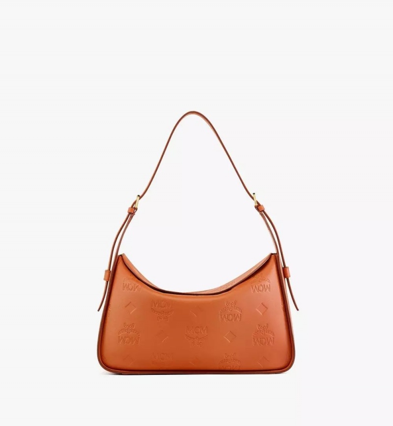Taška Cez Rameno MCM Worldwide Aren Flap Hobo in Embossed Monogram Kozene Hnede | 923485-FNQ