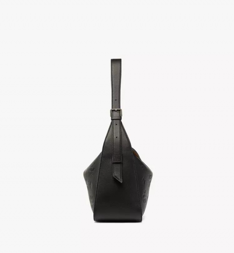 Taška Cez Rameno MCM Worldwide Aren Flap Hobo in Embossed Monogram Kozene Čierne | 312845-XHQ