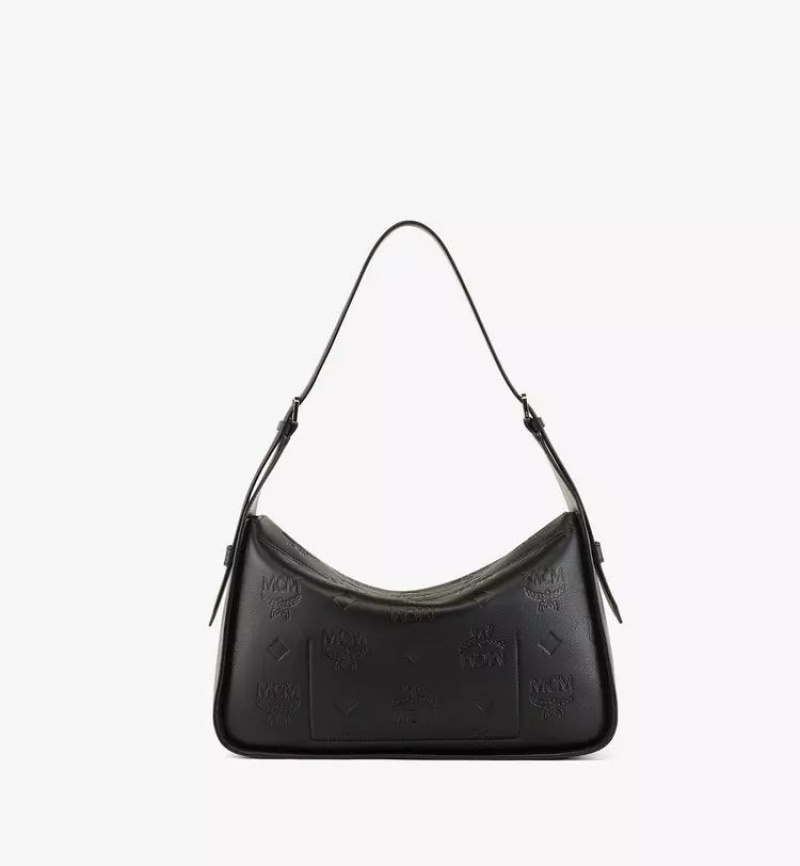 Taška Cez Rameno MCM Worldwide Aren Flap Hobo in Embossed Monogram Kozene Čierne | 312845-XHQ