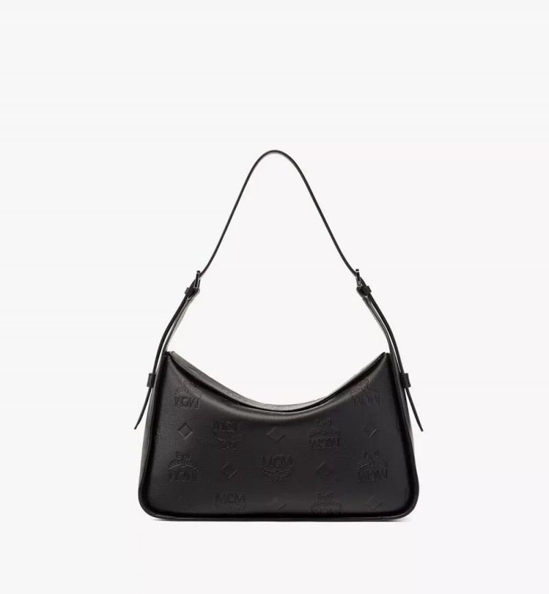 Taška Cez Rameno MCM Worldwide Aren Flap Hobo in Embossed Monogram Kozene Čierne | 312845-XHQ