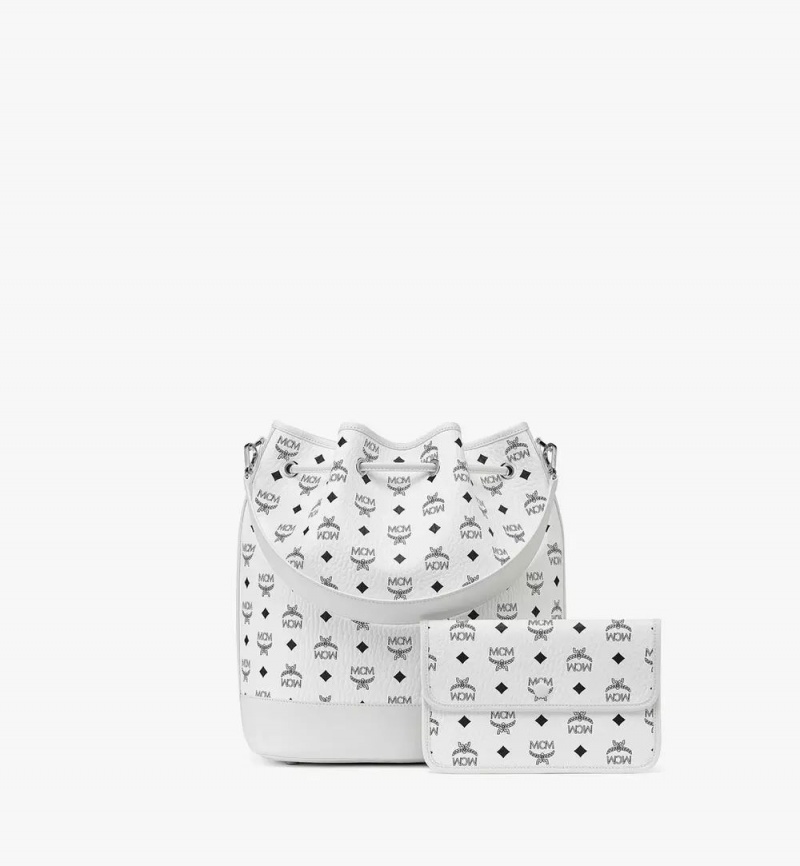 Taška Cez Rameno MCM Worldwide Dessau Drawstring in Visetos Biele | 983176-VZX