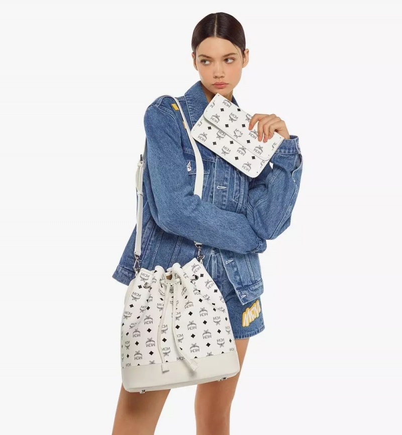 Taška Cez Rameno MCM Worldwide Dessau Drawstring in Visetos Biele | 983176-VZX