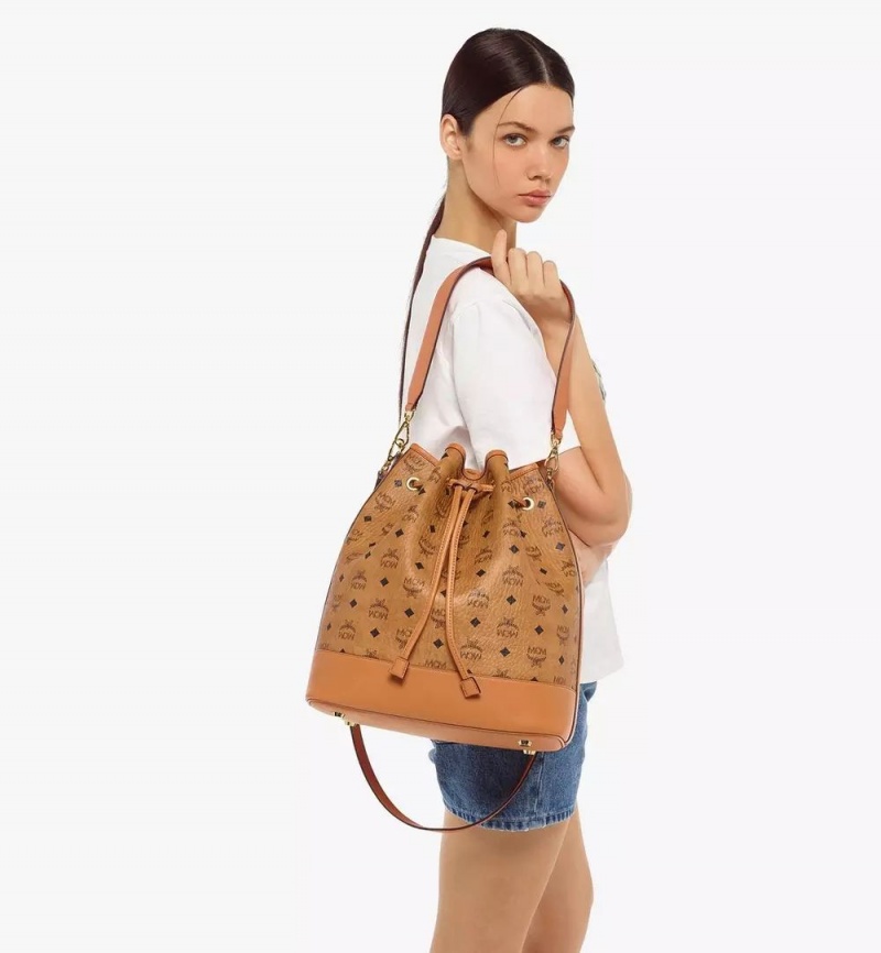 Taška Cez Rameno MCM Worldwide Dessau Drawstring in Visetos Hnede | 142085-KQS
