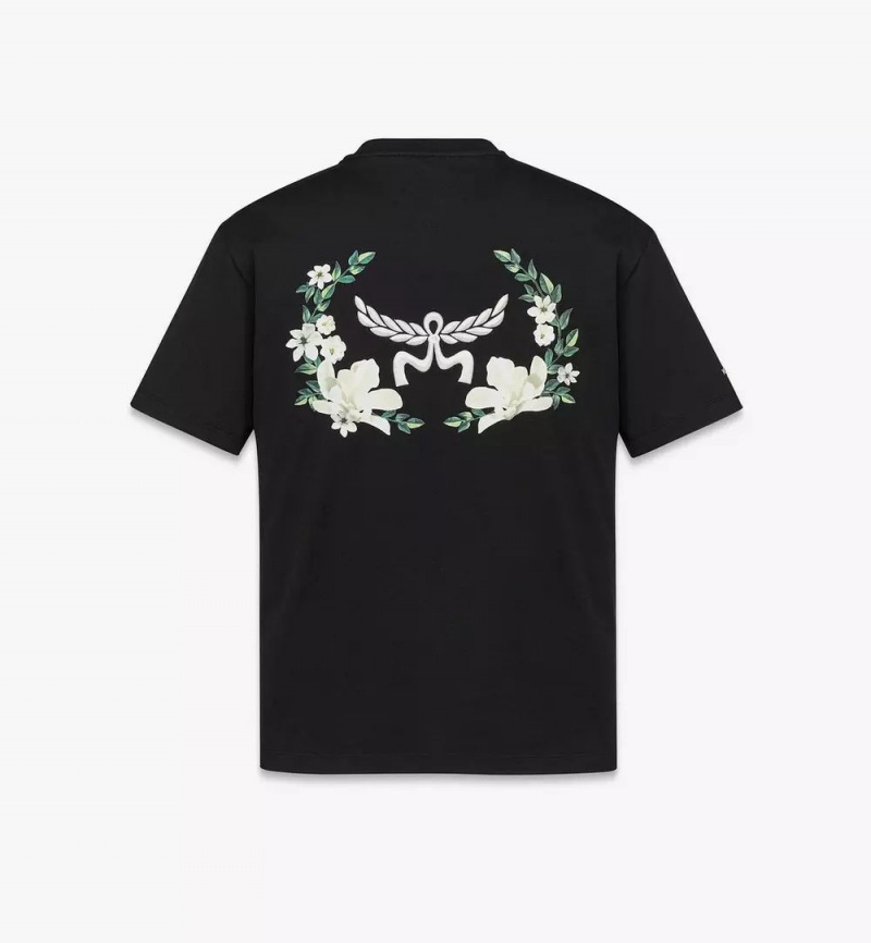 Topy MCM Worldwide Floral Laurel T-Shirt in Organic Bavlnene Panske Čierne | 058641-YUS
