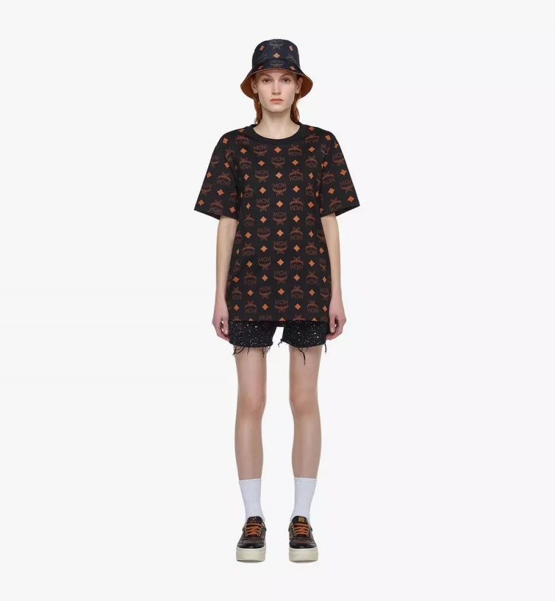 Topy MCM Worldwide Maxi Monogram Print T-Shirt in Organic Bavlnene Panske Čierne | 581429-AGF