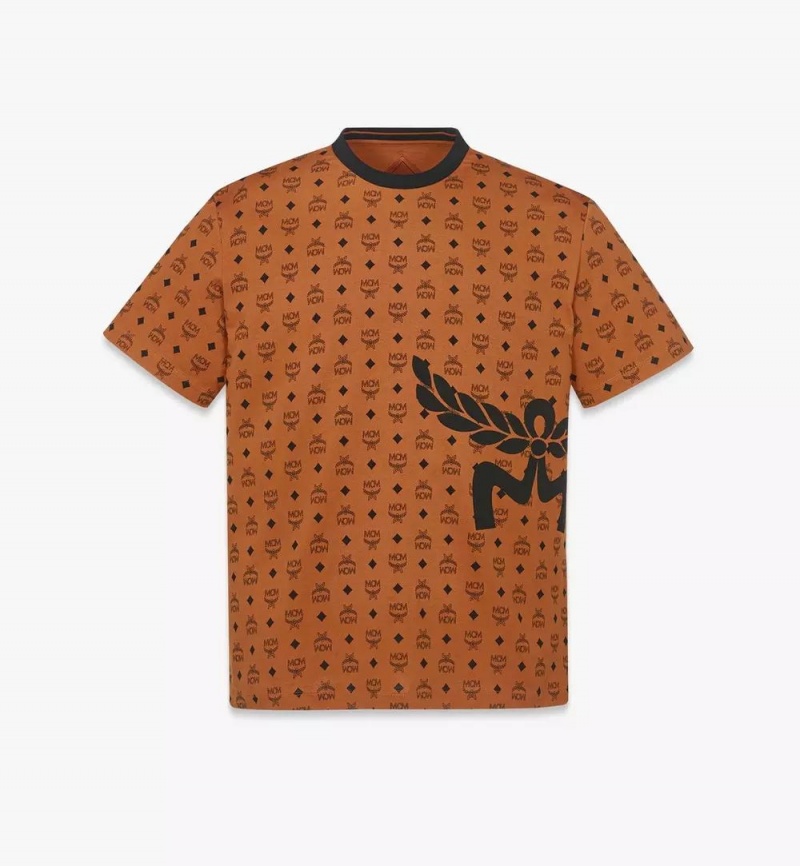 Topy MCM Worldwide Mega Laurel Monogram Print T-Shirt in Organic Bavlnene Panske Hnede | 085617-JKW